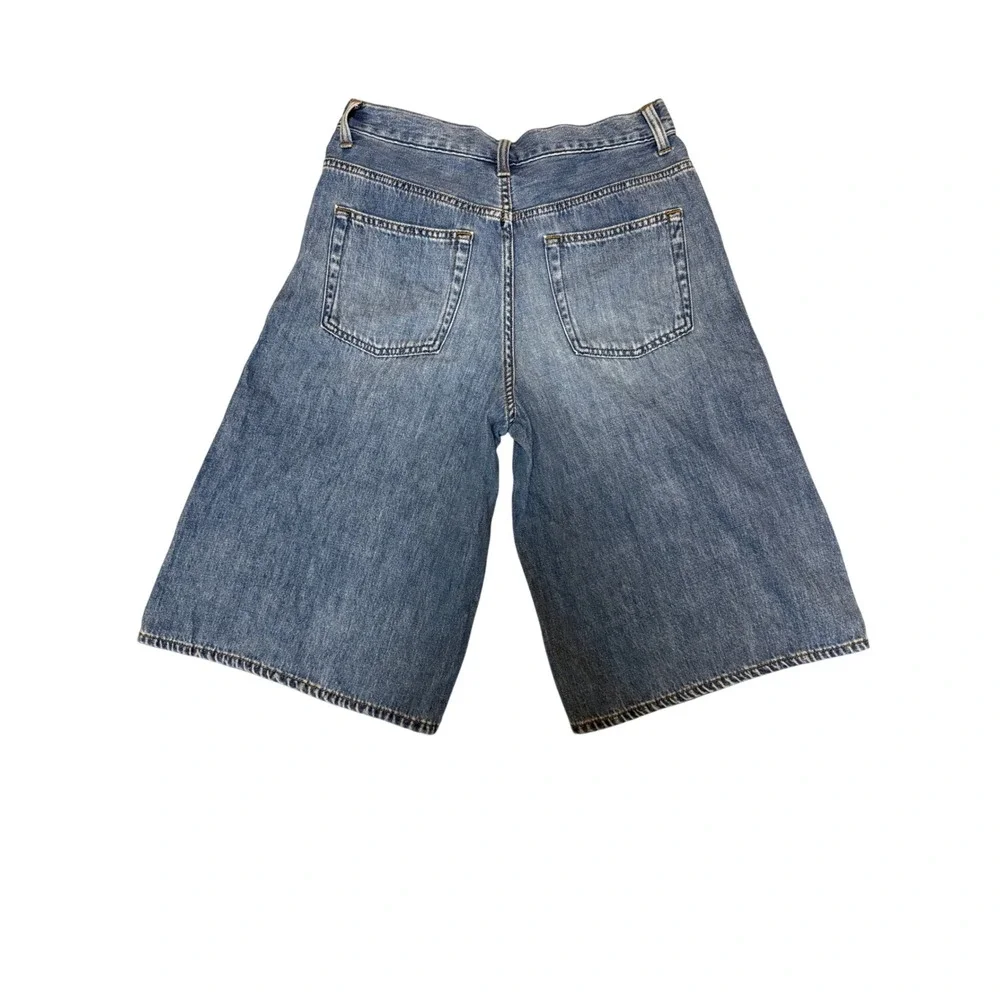 GU Blue Denim Wide Leg Long Bermuda Shorts High Rise Medium Wash Size Large